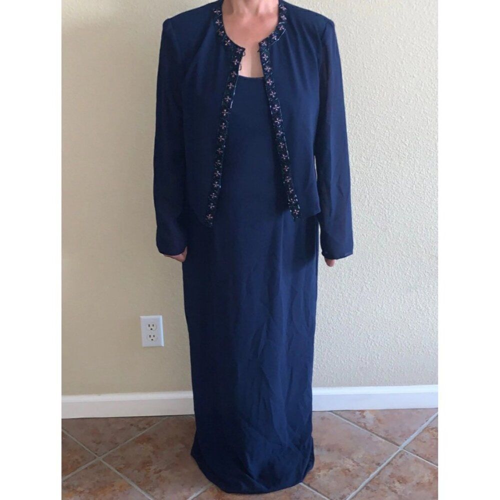 Patra Women Navy Beaded Jacket With Column Dress Set Size 14